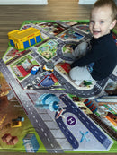 Stort Legetæppe - By/Trafik Motiv + 2 Plastbiler - 180x130 cm.