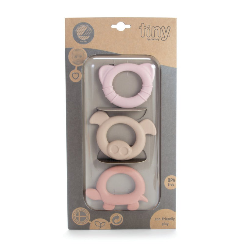 Dantoy tiny® - 3 Små Bideringe (beige/koral/rosa) BIO-plast - fra 0 mdr. - Billede 1