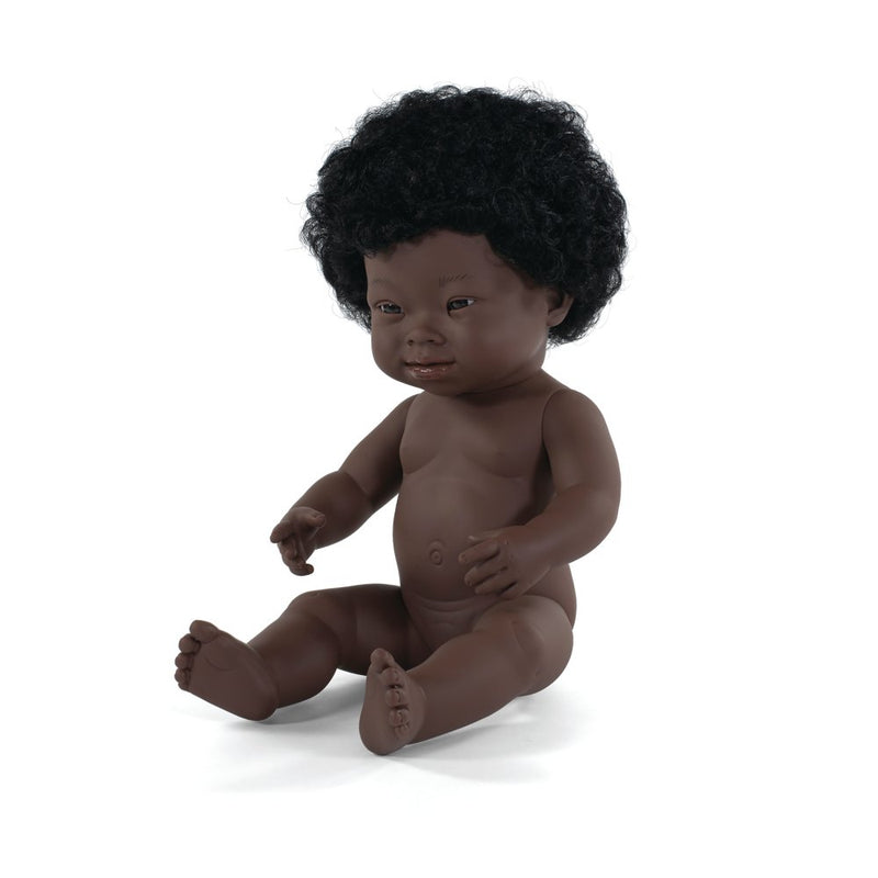 Dukke - 38 cm - Afrikansk Pige med Downs Syndrom fra Miniland. - Billede 1
