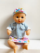 Dukketøj - 25-31 cm - Denimjakke, Nederdel & Pandebånd - Fra 3 år. - Billede 1