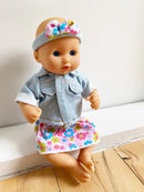 Dukketøj - 25-31 cm - Denimjakke, Nederdel & Pandebånd - Fra 3 år. - Billede 1