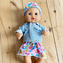 Dukketøj - 25-31 cm - Denimjakke, Nederdel & Pandebånd - Fra 3 år. - Billede 1