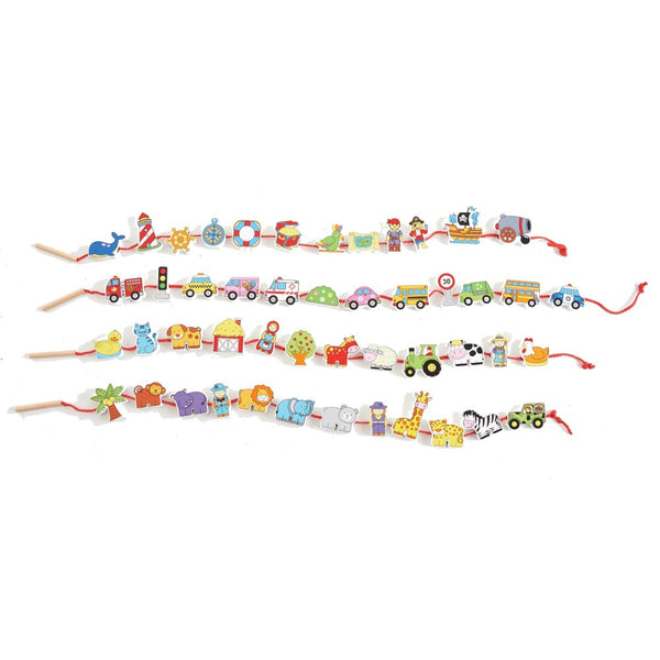 Figurer på snor i træ - Sæt med 4 temaer - Fra 2 år. - Billede 1