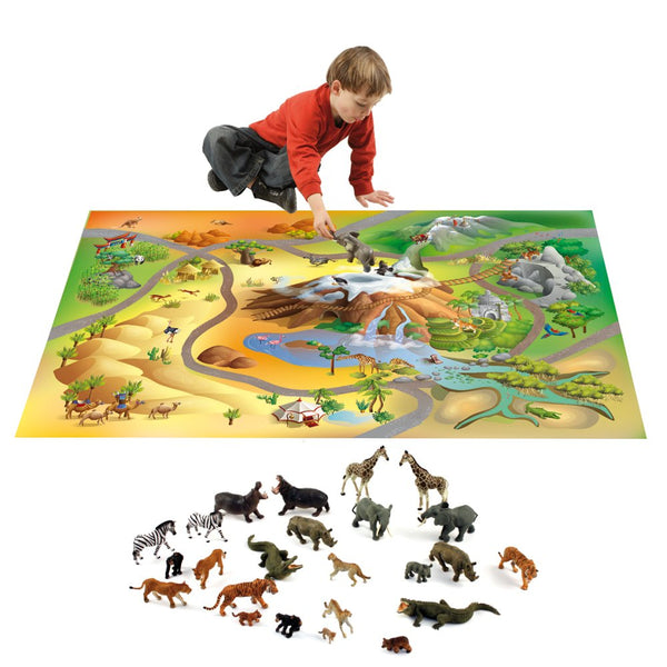 Legetæppe med wildlife-tema og 20 vilde dyr - 100x150 cm. - Billede 1